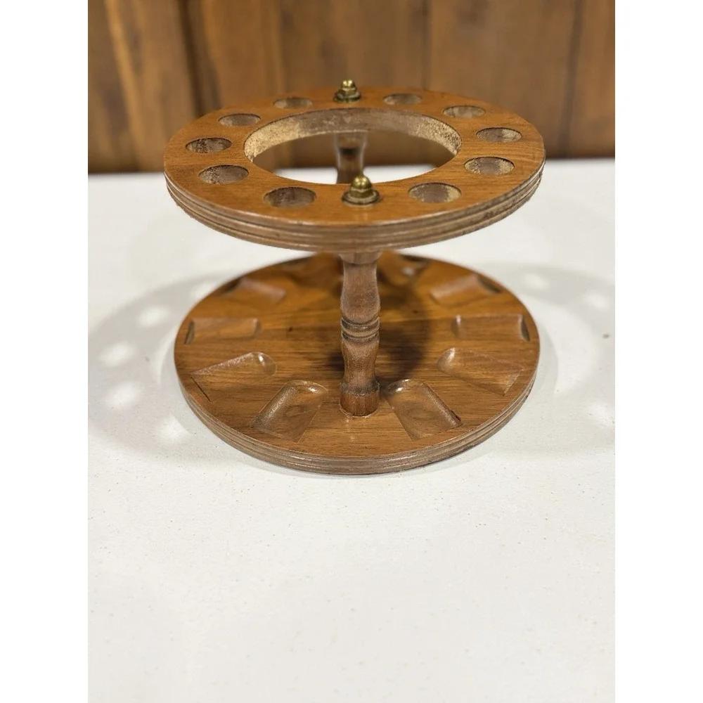 Vintage Round Wood Tobacco 10 Pipe Rack With Amber Duraglas Glass Humidor Jar